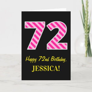 おもしろいストライプのピンク「72」、Happy 72誕生日、名前 カード
