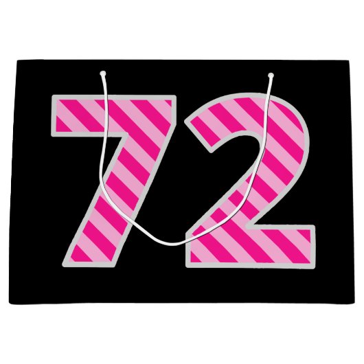 おもしろいストライプのピンク「72」、Happy 72誕生日、名前 ラージペーパーバッグ (正面)