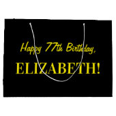 おもしろいストライプのピンク「77」、ハッピー77誕生日、名前 ラージペーパーバッグ (裏面)