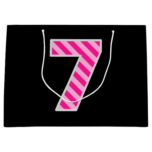 おもしろいストライプのピンク「7」、ハッピー7誕生日、名前 ラージペーパーバッグ (正面)
