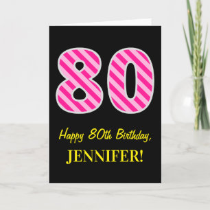 おもしろいストライプのピンク「80」、ハッピー80誕生日、名前 カード
