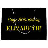 おもしろいストライプのピンク「80」、ハッピー80誕生日、名前 ラージペーパーバッグ (裏面)