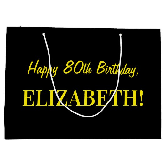 おもしろいストライプのピンク「80」、ハッピー80誕生日、名前 ラージペーパーバッグ (裏面)