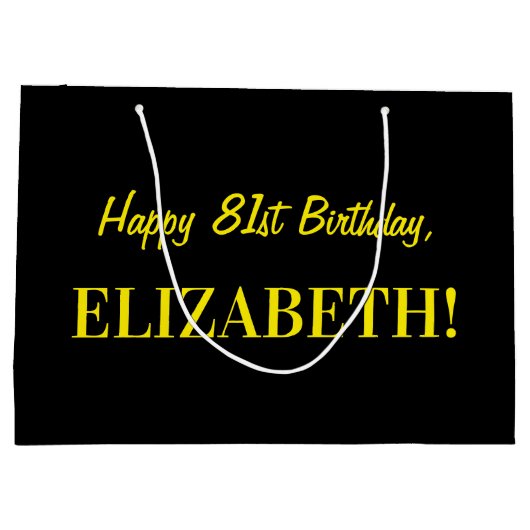 おもしろいストライプのピンク「81」、ハッピー81誕生日、名前 ラージペーパーバッグ (裏面)