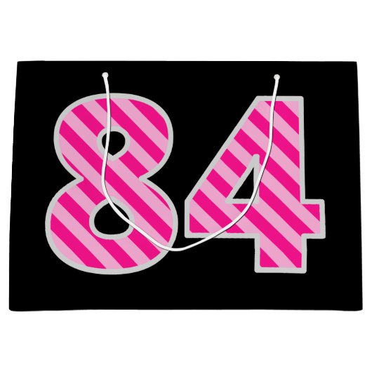 おもしろいストライプのピンク「84」、ハッピー84誕生日、名前 ラージペーパーバッグ (正面)