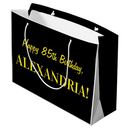 おもしろいストライプのピンク「85」、ハッピー85誕生日、名前 ラージペーパーバッグ (裏面アングル)