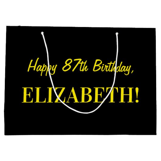 おもしろいストライプのピンク「87」、ハッピー87誕生日、名前 ラージペーパーバッグ (裏面)