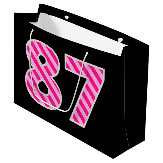 おもしろいストライプのピンク「87」、ハッピー87誕生日、名前 ラージペーパーバッグ (正面アングル)