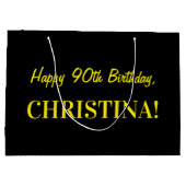 おもしろいストライプのピンク「90」、ハッピー90誕生日、名前 ラージペーパーバッグ (裏面)