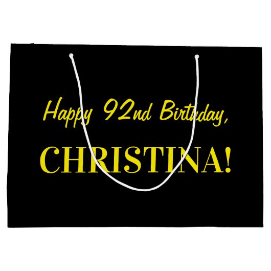 おもしろいストライプのピンク「92」、Happy 92誕生日、名前 ラージペーパーバッグ (裏面)