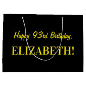 おもしろいストライプのピンク「93」、Happy 93誕生日、名前 ラージペーパーバッグ (裏面)