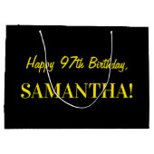 おもしろいストライプのピンク"97"; Happy 97誕生日；名前 ラージペーパーバッグ (裏面)