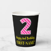 おもしろいストライプピンクの誕生日"2"：ハッピーセカンドバースデー+名前 紙コップ (裏面)