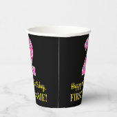 おもしろいストライプピンクの誕生日"2"：ハッピーセカンドバースデー+名前 紙コップ (右)