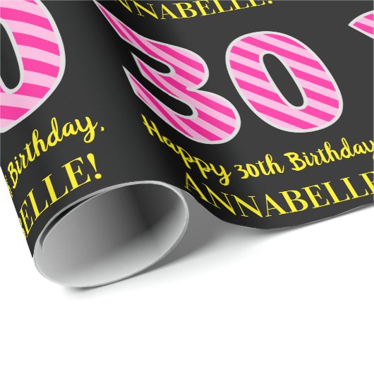おもしろいストライプピンクの誕生日"30"；誕生日おめでとう ラッピングペーパー (ロールコーナー)