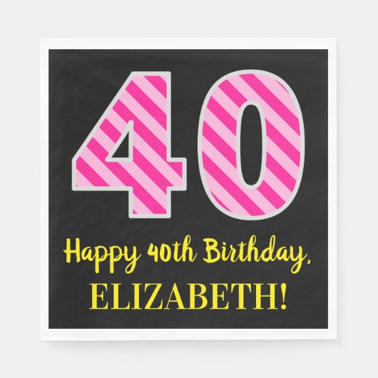 おもしろいストライプピンクの誕生日"40"；ハッピーバースデー；名前 スタンダードランチョンナプキン (正面)