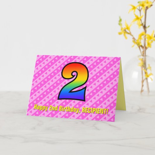 おもしろいストライプピンクハート、レインボー#第2誕生日 カード (黄色い花)