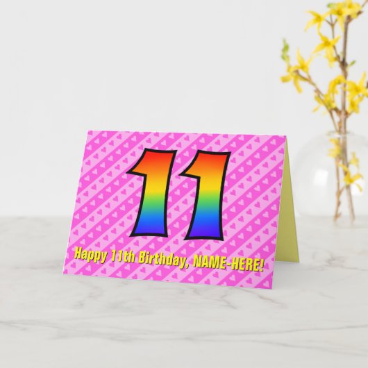 おもしろいストライプピンクハート、レインボー# 11誕生日 カード (黄色い花)