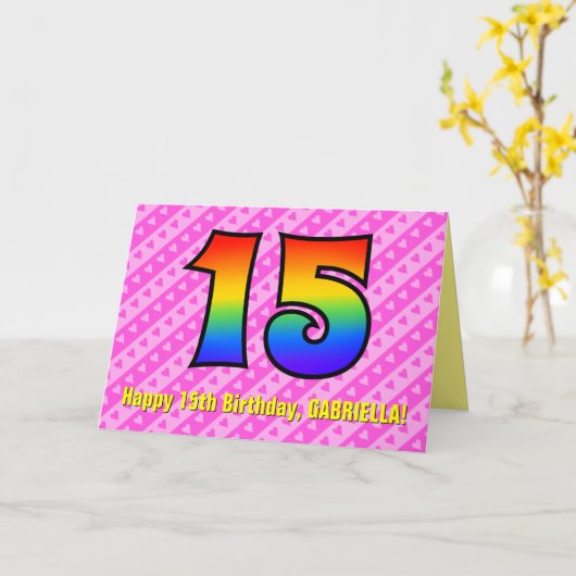 おもしろいストライプピンクハート、レインボー# 15誕生日 カード (黄色い花)