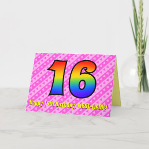 おもしろいストライプピンクハート、レインボー# 16誕生日 カード