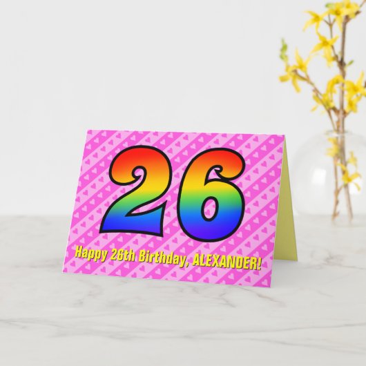 おもしろいストライプピンクハート、レインボー# 26誕生日 カード (黄色い花)