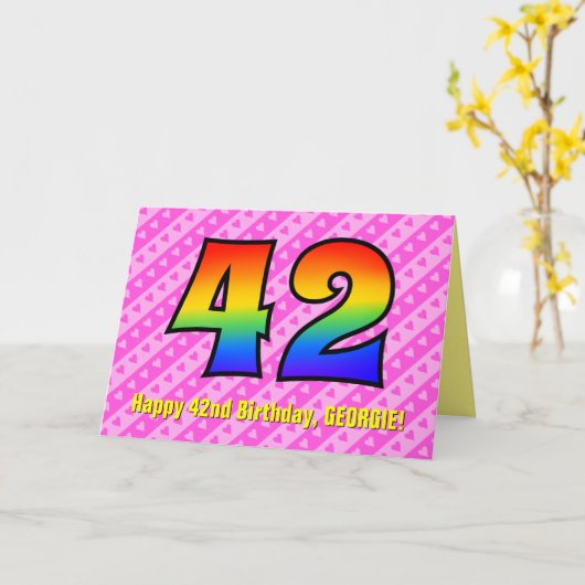 おもしろいストライプピンクハート、レインボー# 42番目誕生日 カード (黄色い花)