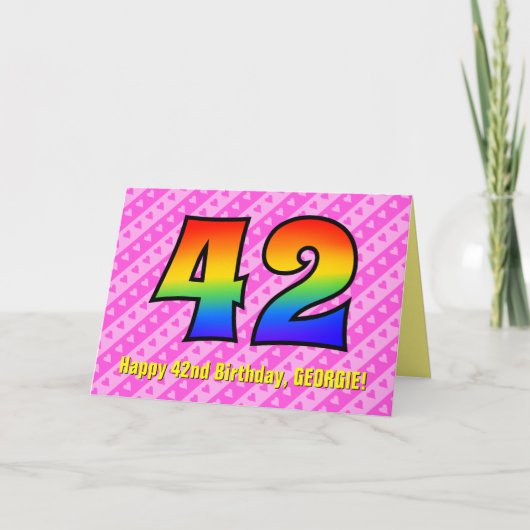 おもしろいストライプピンクハート、レインボー# 42番目誕生日 カード (正面)