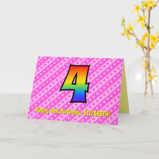 おもしろいストライプピンクハート、レインボー# 4th Birthday カード (黄色い花)