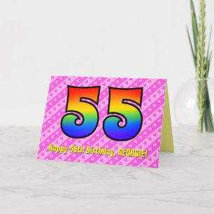 おもしろいストライプピンクハート、レインボー# 55誕生日 カード