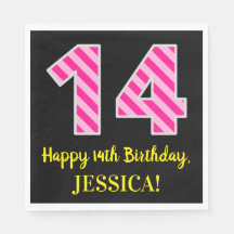 おもしろいストライプピンク色の誕生日"14"; Happy 14
