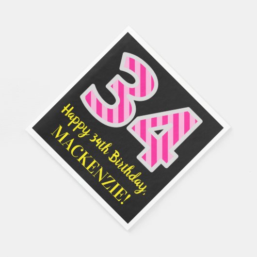 おもしろいストライプピンク色の誕生日"34"; Happy 34 スタンダードランチョンナプキン (角)