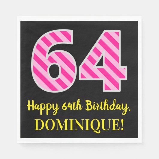おもしろいストライプピンク色の誕生日"64"; Happy 64 スタンダードランチョンナプキン (正面)