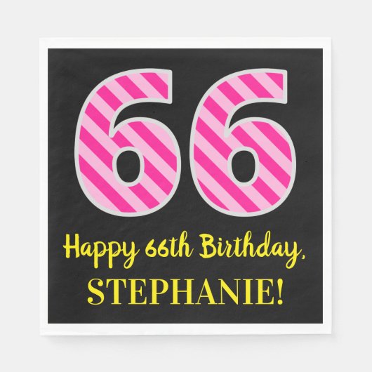 おもしろいストライプピンク色の誕生日"66"; Happy 66 スタンダードランチョンナプキン (正面)