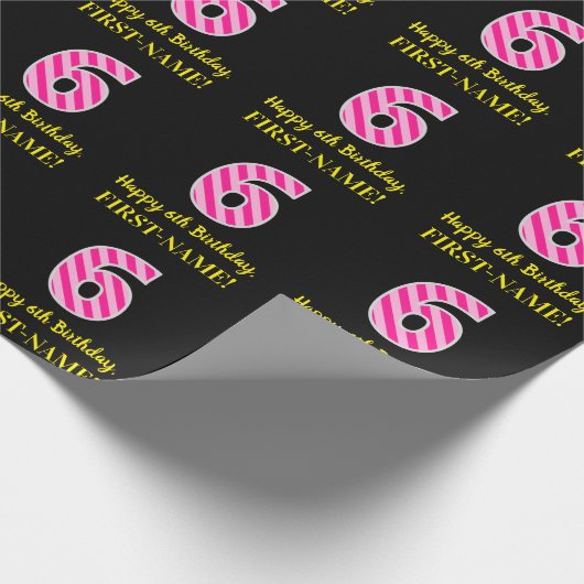 おもしろいストライプピンク色の誕生日「6」、Happy 6th System、Name ラッピングペーパー (角)