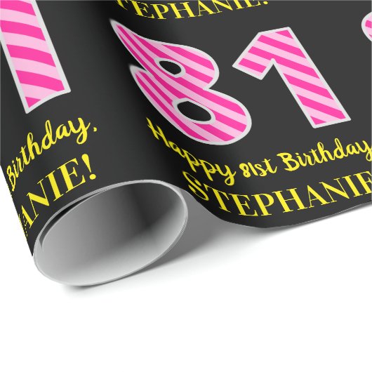 おもしろいストライプピンク色の誕生日"81"; Happy 81 ラッピングペーパー (ロールコーナー)