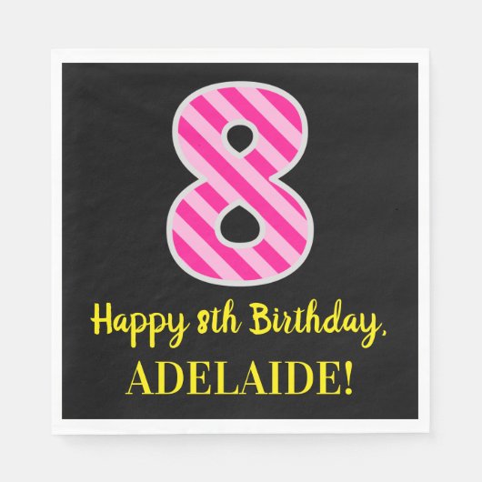 おもしろいストライプピンク色の誕生日"8"; Happy 84 スタンダードランチョンナプキン (正面)