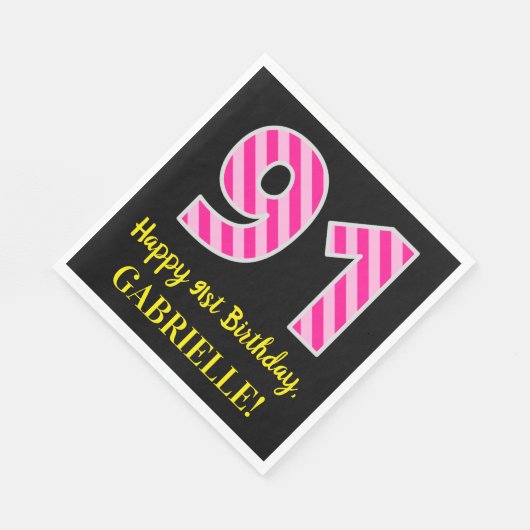 おもしろいストライプピンク色の誕生日"91"; Happy 91 スタンダードランチョンナプキン (角)