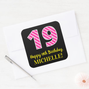 おもしろいストライプピンク誕生日"19":ハッピー19+名前 スクエアシール