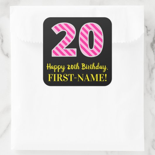 おもしろいストライプピンク誕生日"20"：ハッピー20 スクエアシール (バッグ)
