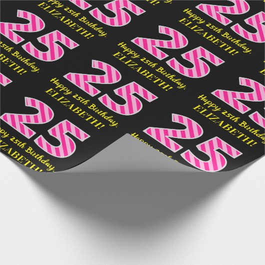 おもしろいストライプピンク誕生日"25"；ハッピー25 ラッピングペーパー (角)