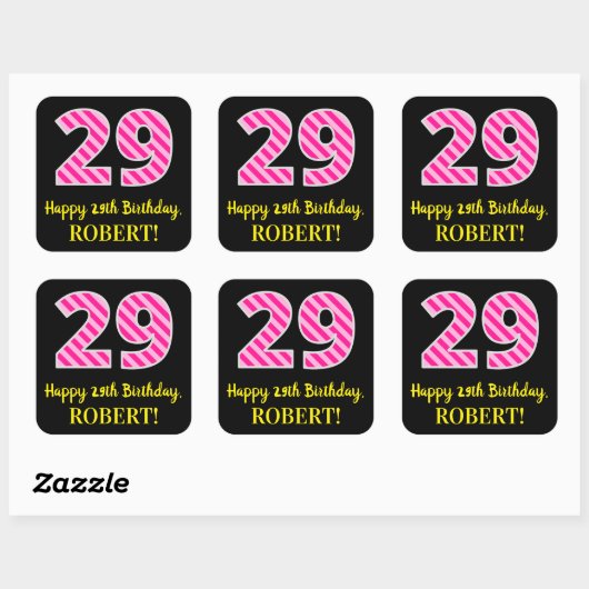 おもしろいストライプピンク誕生日"29":ハッピー29+名前 スクエアシール (シート)