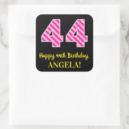 おもしろいストライプピンク誕生日"44":ハッピー44 スクエアシール (バッグ)