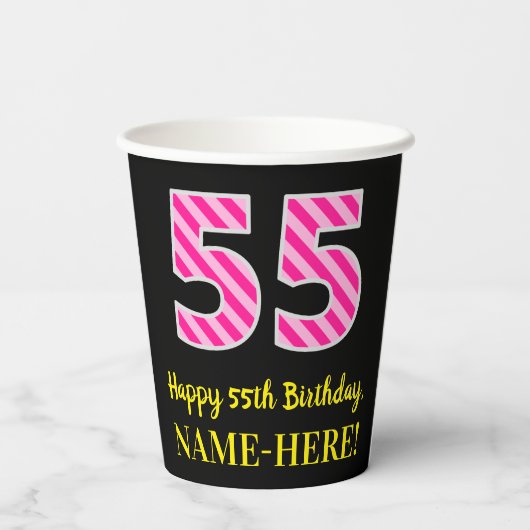 おもしろいストライプピンク誕生日"55"：ハッピー55 紙コップ (裏面)