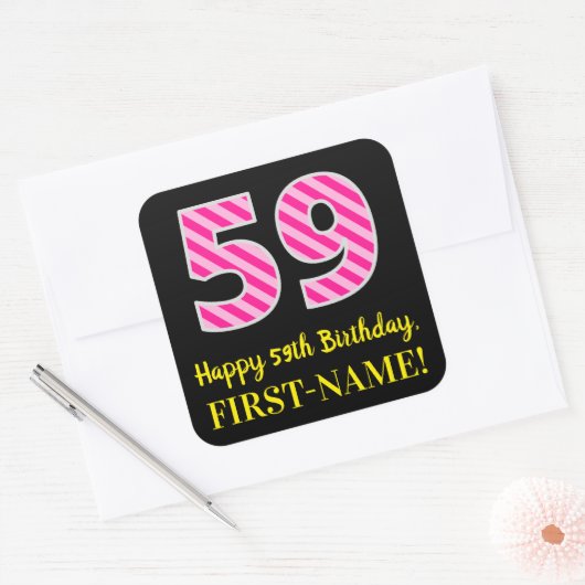 おもしろいストライプピンク誕生日"59":ハッピー59 スクエアシール (封筒)