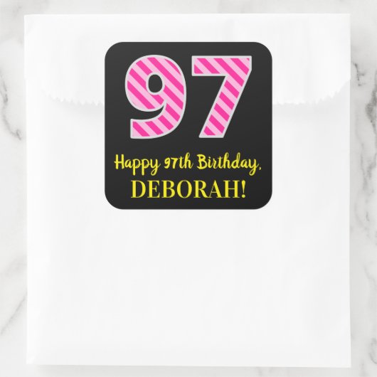 おもしろいストライプピンク誕生日"97"：ハッピーピンク97 スクエアシール (バッグ)