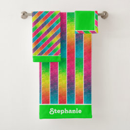 [おもしろいストライプ付き]パターン#1レインボージオメトリック バスタオルセット