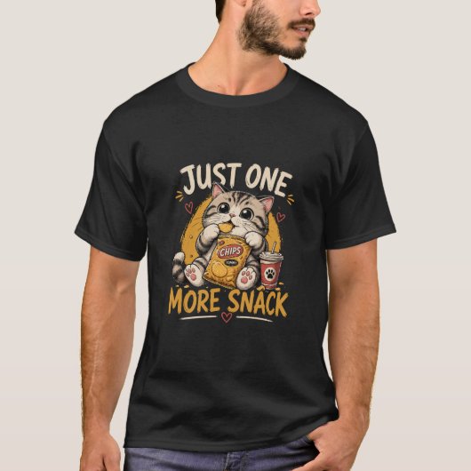 おもしろいスナック好き猫のキャラクターデザイン Tシャツ (正面)
