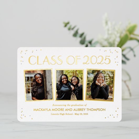 おもしろいスナップショット箔の卒業写真招待状 箔招待状 (立ち正面)