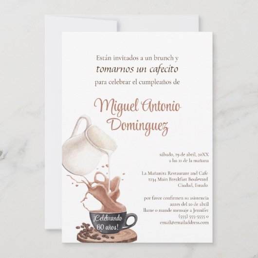 おもしろいスペインのコーヒースプラッシュ60th誕生日パーティー 招待状 (正面)