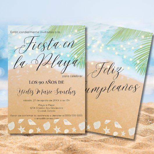 おもしろいスペインのサンディビーチライツ90thバースデーパーティー 招待状